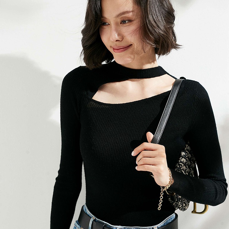 春夏精纺纯羊毛针织衫毛衣套头气质长袖圆领修身纯色韩版时尚性感|ru