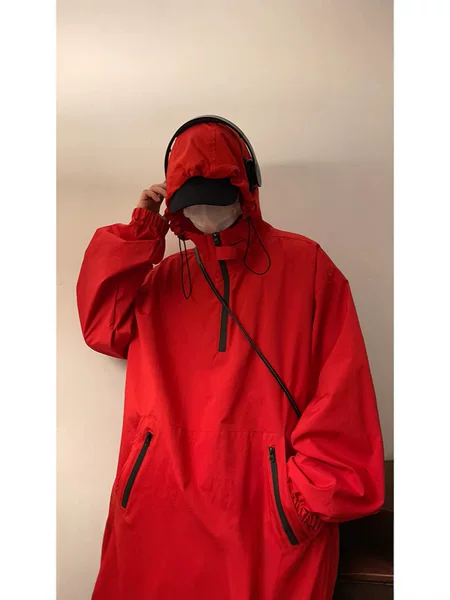 Half-Zip Jacket for Men, Spring & Fall Hooded American Functional Style Jacket, Loose Trendy Brand High Street Work Jacket for Men