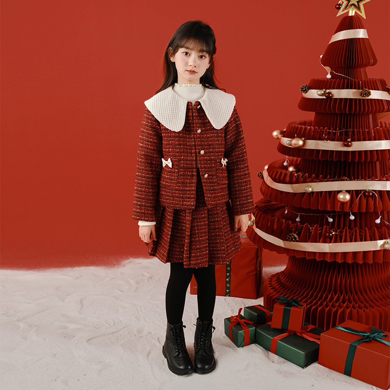 Ropa de otoño e invierno para niñas 2023 nueva Navidad Año Nuevo collar de muñeca Chaqueta de punto falda conjunto de dos piezas traje de niños medio y grande