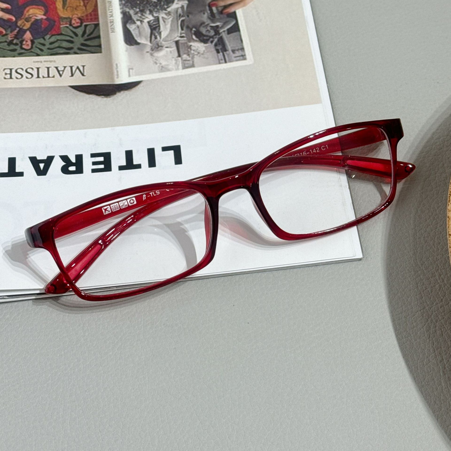Retro rectangular ultra-light eyeglasses, small red/black frame, 2 carat accent