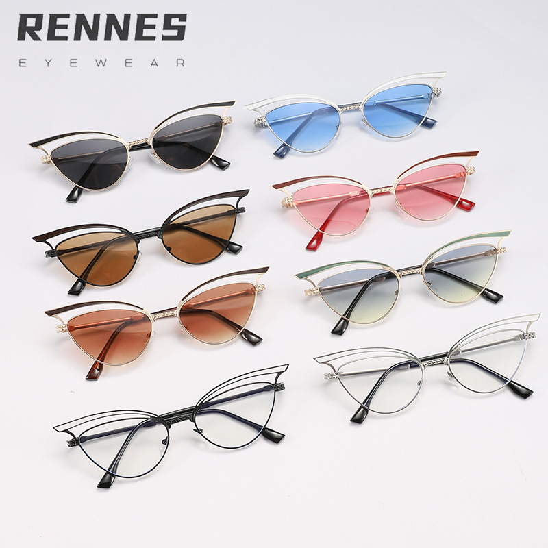 2024 nuevas gafas de sol de ojo de gato huecas de metal personalizadas, el mismo estilo, gafas de sol para exteriores esenciales de forma cóncava