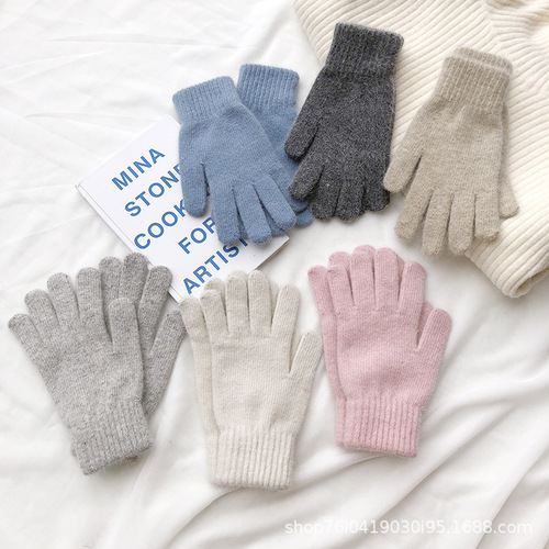 ins Korean style knitted rabbit fur gloves for women, warm in winter, simple student bare board five-finger cold-proof couple gloves trendy