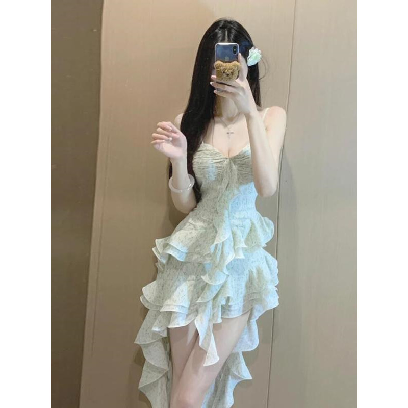 Hot Girl Ruffled Suspender Dress Fairy Summer White Skirt Heavy Industry High-End Irregular Elegant Long Skirt Hot Girl Ruffled Suspender Dress Fairy Summer White Skirt Heavy Industry High-End Irregular Elegant Long Skirt