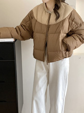 撞色白鸭绒羽绒服女2023冬季新款时尚短款棒球领拼接小个子面包服