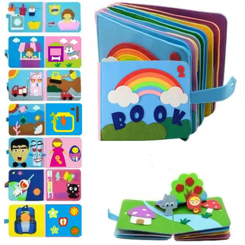 Libro de tela de fieltro arcoíris transfronterizo para niños, libro de cuentos para educación temprana, juguete educativo, tablero de aprendizaje, libro de tela sensorial, venta al por mayor