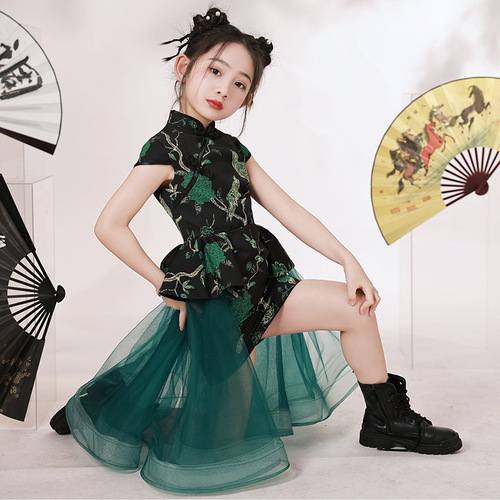 Girls dark green color rapper singers jazz dance dress gogo dancers cheongsam dresses children dress fashion catwalk show photos shooting skirts for kids