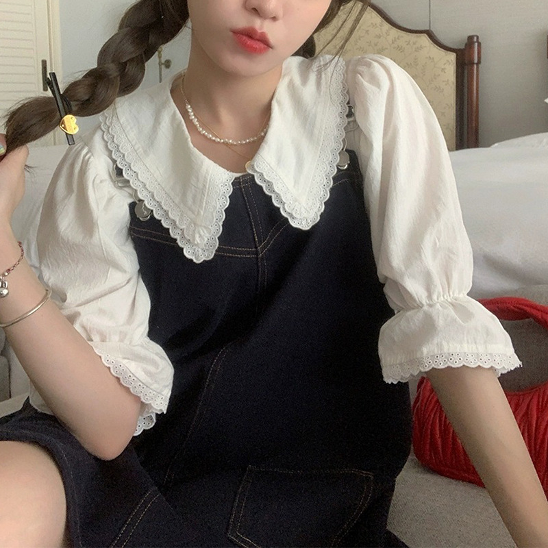 Chica dulce coreana camisa de encaje de solapa de principios de verano de todo fósforo exquisita blusa interior femenina