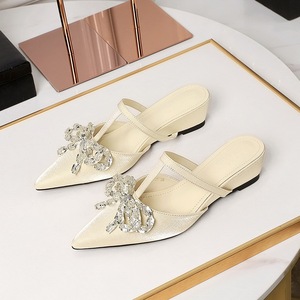 599-35 French style Sweet Water Diamond Bow Decoration Pointed Shallow Mouth Half Dragging Female One Step Stepping Slop