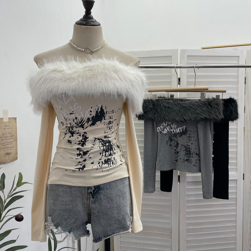 实拍 毛领印花长袖一字肩上衣T恤又甜又辣小众短款薄绒打底衫1376