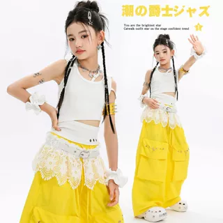 爵士舞女童服装辣妹风白连帽背心亮色长裤演出服夏季套装jazz穿搭