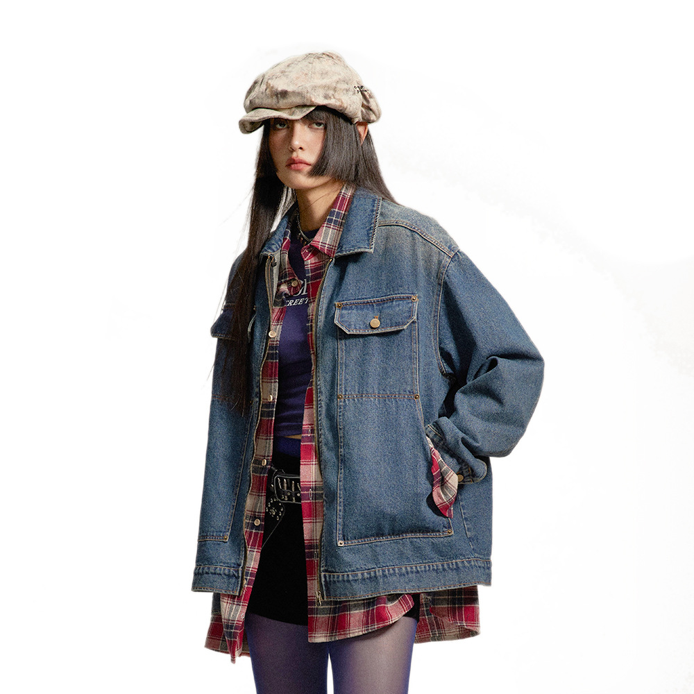 Giacca da lavoro da uomo in denim lavato stile motociclista, con risvolto e cerniera, primavera e autunno, stile American High Street_voghion.com