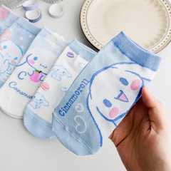 Japanese Spring and Summer Blue Cute Cotton Cartoon Socks, Low-Cut Short Socks for Women, Embroidered Straight-Dialed Women's Boat Socks