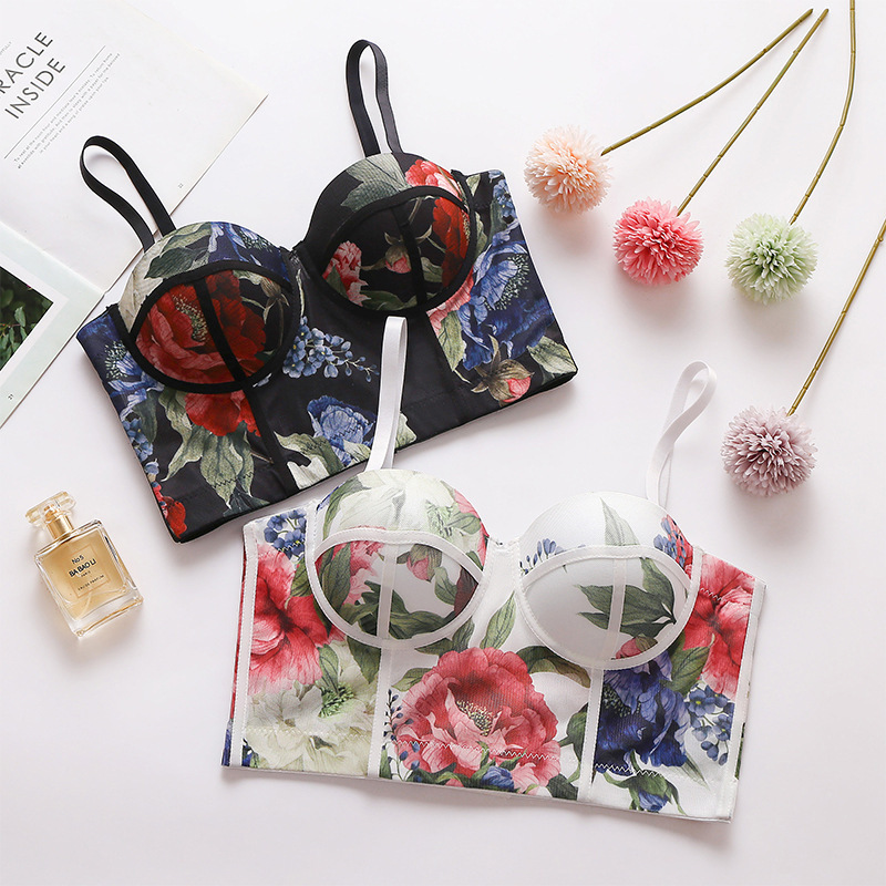 Retro Rose beauty back Sling girl's One-Piece sexy push-up impreso ropa interior con almohadilla en el pecho