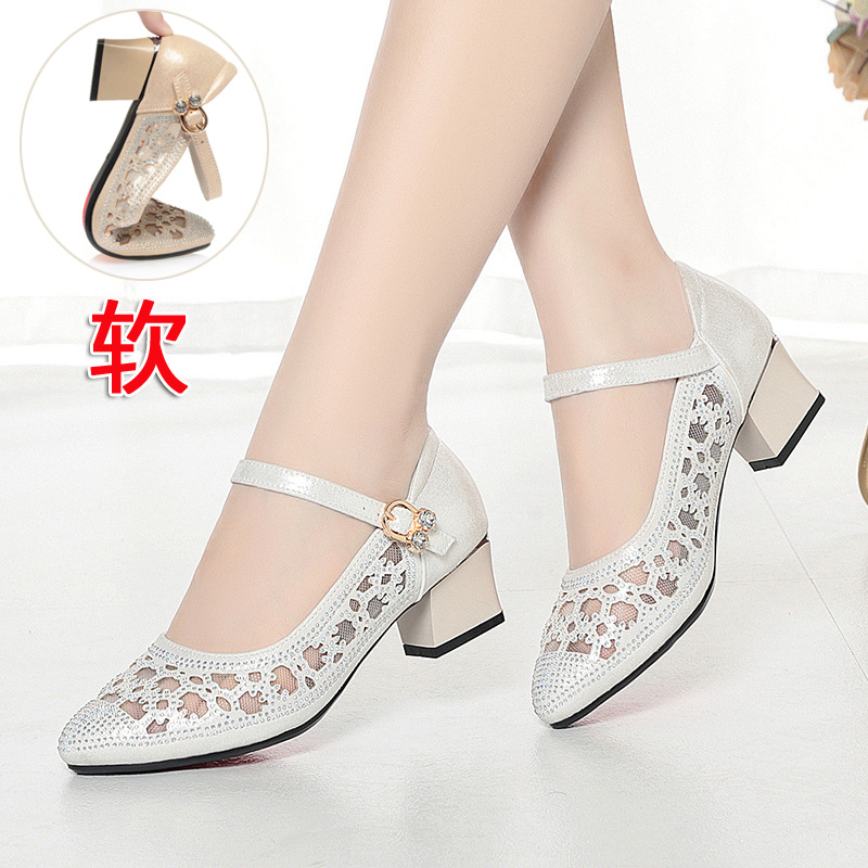 Sandal nữ da thật lưới hở mũi gót trung 4,5 cm đế mềm thoáng khí — Vàng【Gót trung 4.5cm】