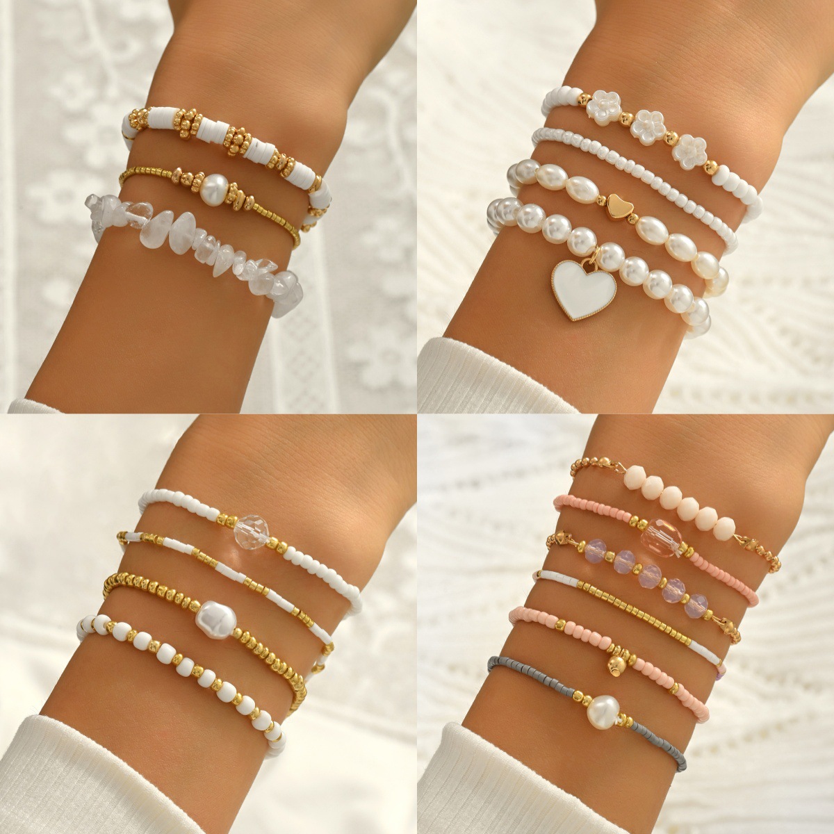 Cross-Border Foreign Trade New Multi-Piece Bracelet Set with Love Crystal Pearl Tassel Leaves Gravel Soft Pottery Bracelet Set