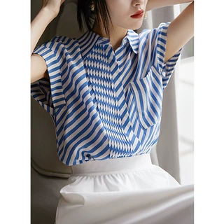 现货厂家批发 条纹短袖真丝衬衫不对称压褶蝙蝠袖通勤桑蚕丝衬衣