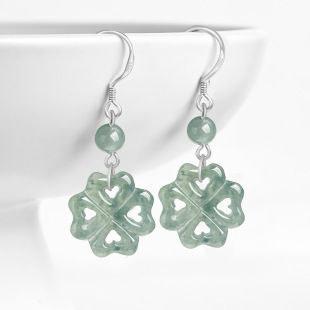 High-grade natural A goods jade blue water four-leaf clover earrings S925 silver ice jade stone fashion women's earrings earrings