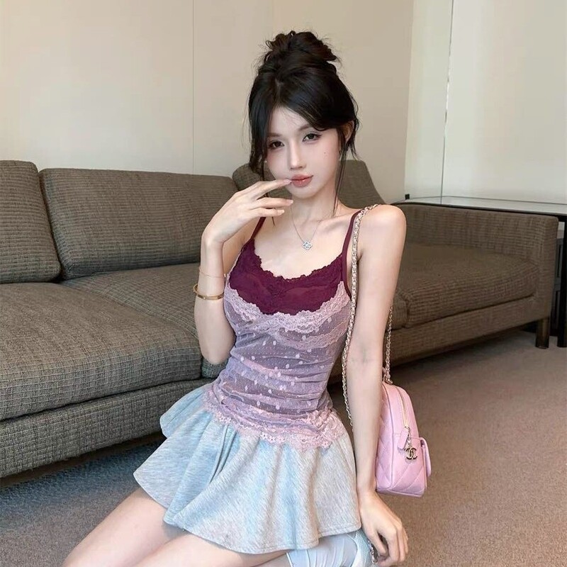 L3327#法式气质设计感纯欲波点蕾丝外穿无袖女夏季辣妹吊带背心|undefined