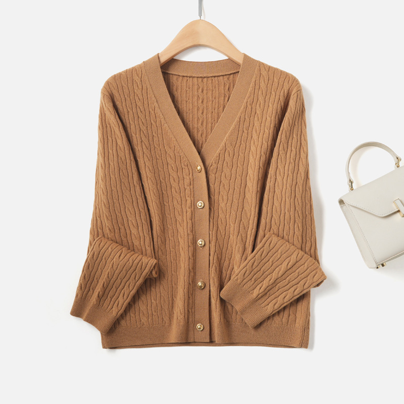 Lp Same Style Retro Cable Spring Knitted Cardigan Sweater Jacket Women's Autumn and Winter New V-Neck Merino Wool Sweater