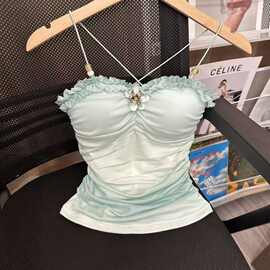 性感风褶皱挂脖吊带背心女早春新款修身打底上衣