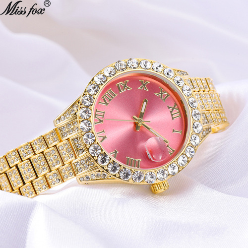 MISSFOX watch cross-border hot sale fashionable Roman full diamond calendar waterproof luminous women's watch