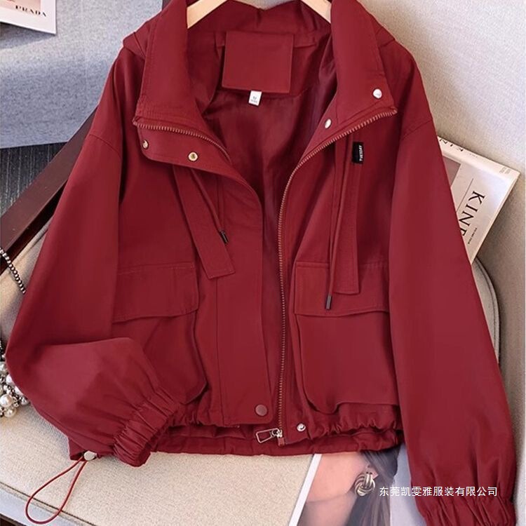 Workwear Ancora Red Short Jacket Spring and Autumn 2026 New Drawstring Autumn/Winter Casual Jacket Top in Apricot Color