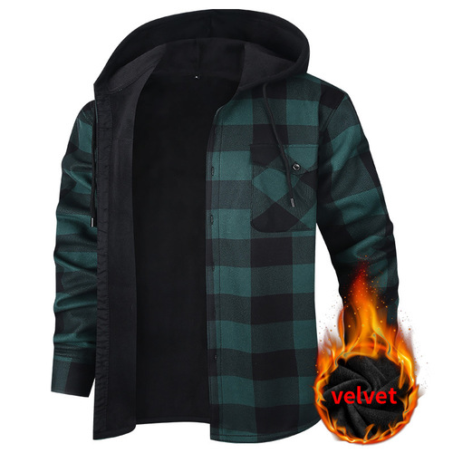 2026 autumn and winter hot fashion, velvet hooded plaid casual large size men's long-sleeved shirt, men's warm shirt