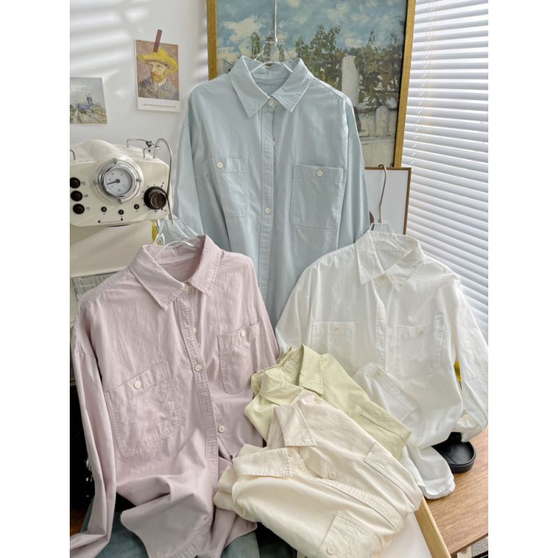 Spring and Autumn Summer Casual Shirt Women's Pure Cotton Washed Sunscreen Top Milk light blue White Pink Coat for Small Man