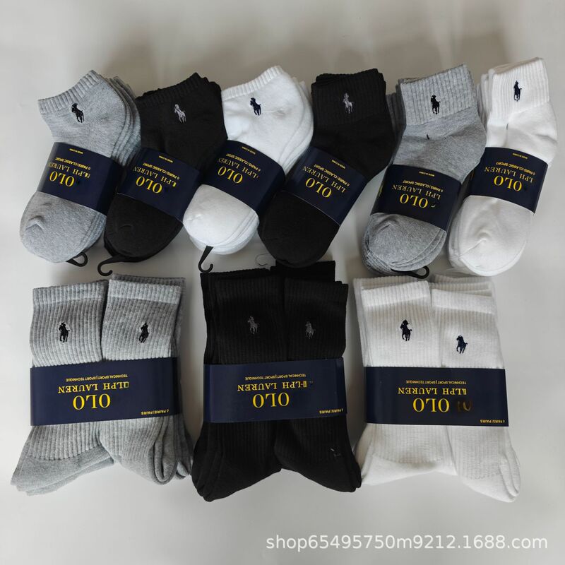 Foreign Trade Paul Embroidered Pony 6 Pairs of Towel Bottom Socks Mid-Length Men's and Women's Casual Sweat-Absorbent Breathable Sports Socks