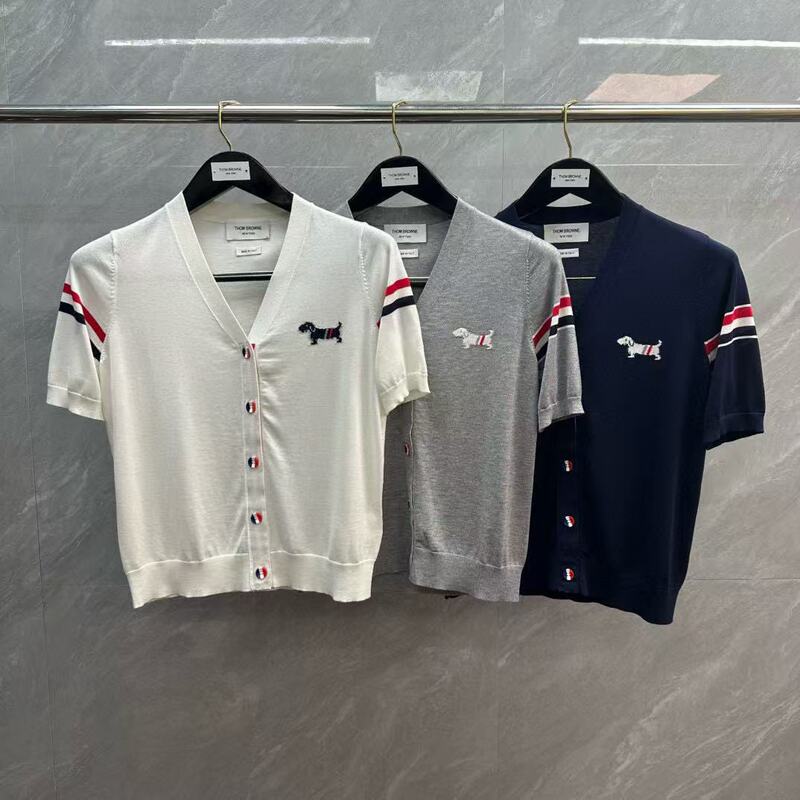 Factory Direct Sales Tb Women's Merino Thin Double-Sleeved Red, White and Blue Puppy Jacquard V Neck Short-Sleeved Cardigan Knitwear