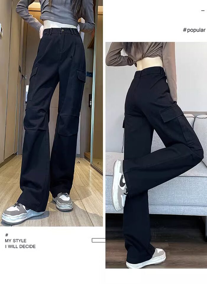 Quần cargo ống thẳng nữ dáng suông lưng cao phong cách thoải mái — Kaki (người đàn ông nhỏ), Kaki (thông thường), Màu đen (thân hình nhỏ), Màu đen (thông thường) chi tiết 33