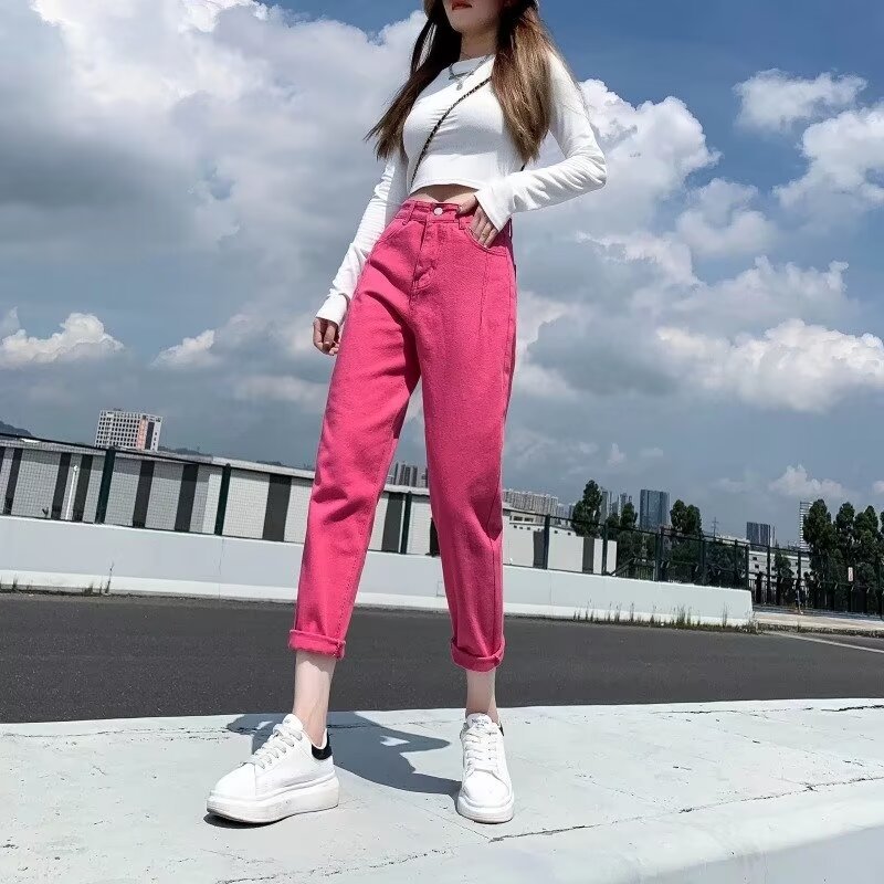 春秋季韩版高腰玫红色牛仔裤女宽松老爹裤萝卜裤哈伦裤九分直筒裤