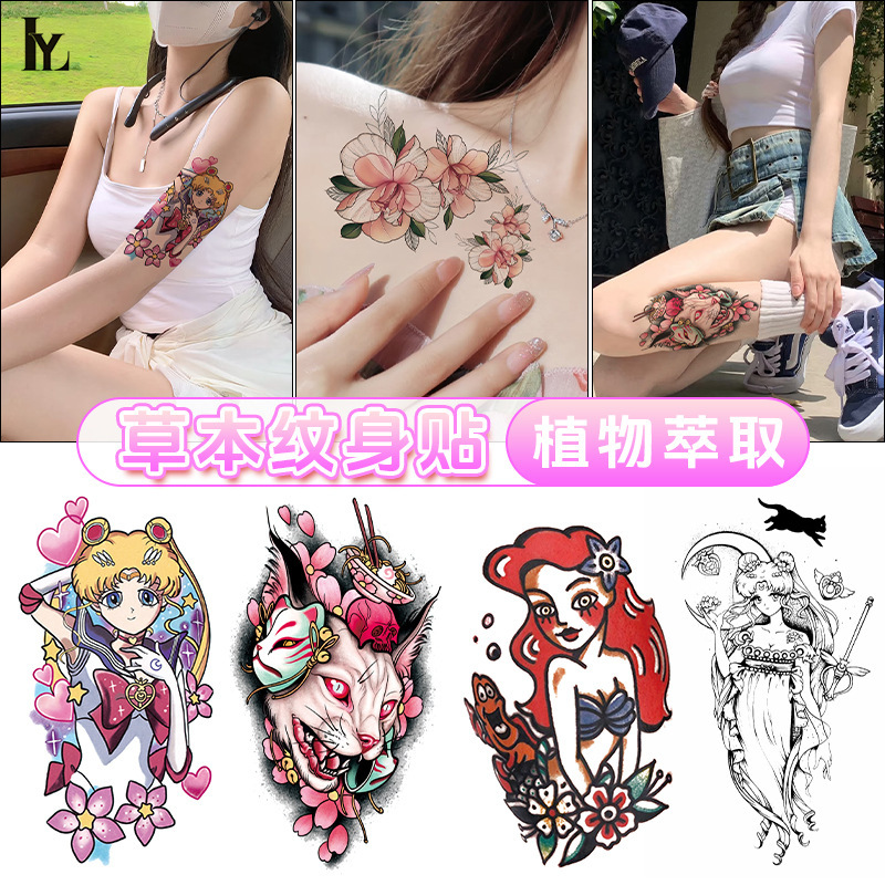 Japanese Anime Tattoo Sticker Beautiful Girl Simulation Internet Celebrity Cute Cartoon Color Flower Arm Sexy Tattoo Sticker Ins