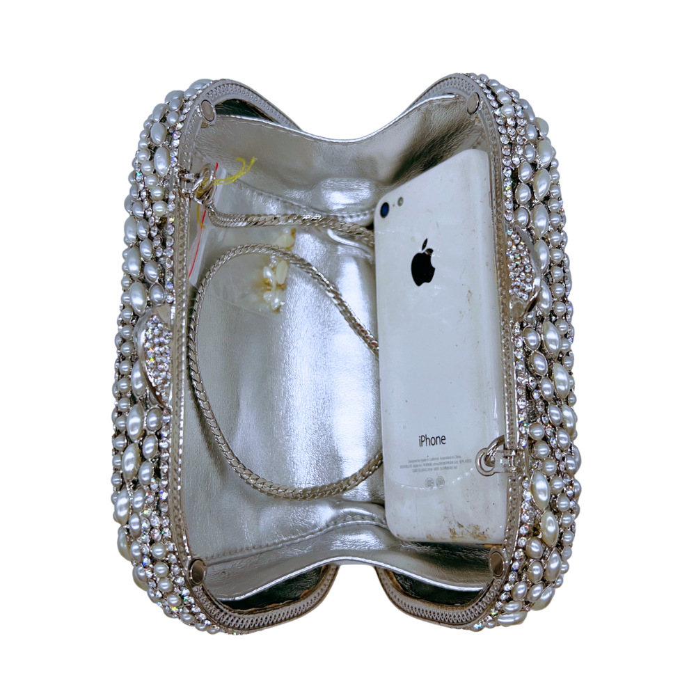 Túi clutch dạ tiệc đính kim cương rỗng lá phong cách mới — Màu trắng, Ngọc trai bạc, Bạc pha lê trắng, Màu sâm panh