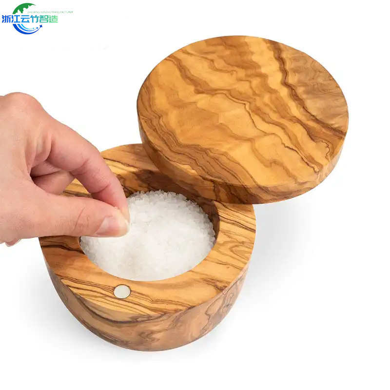 Tarro de condimento de madera de olivo tarro de sal de oliva cubierta giratoria de succión magnética engrosada protección del medio ambiente