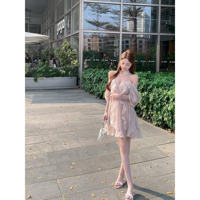 リゾートスタイルフリルチューブトップドレス女性のための春の新しいルーズAライン妖精スカートショートスカート|undefined