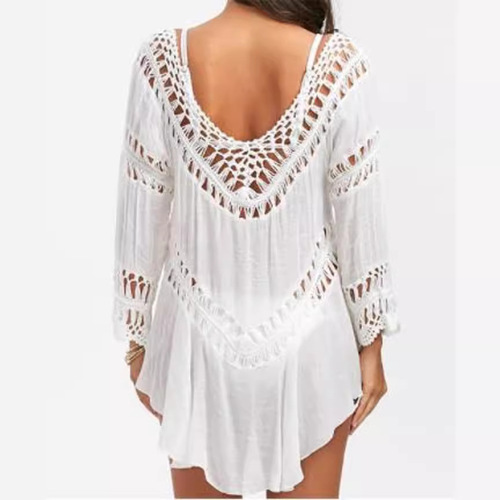 European and American-style loose-fitting, flared, hollowed-out hand-hooked knit top—beach bikini swimsuit, beach cover-up, and women's UV-protective wear