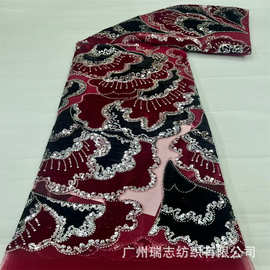 现货植绒绣花面料重工珠管亮片外贸新中式马甲套装服装布料velvet