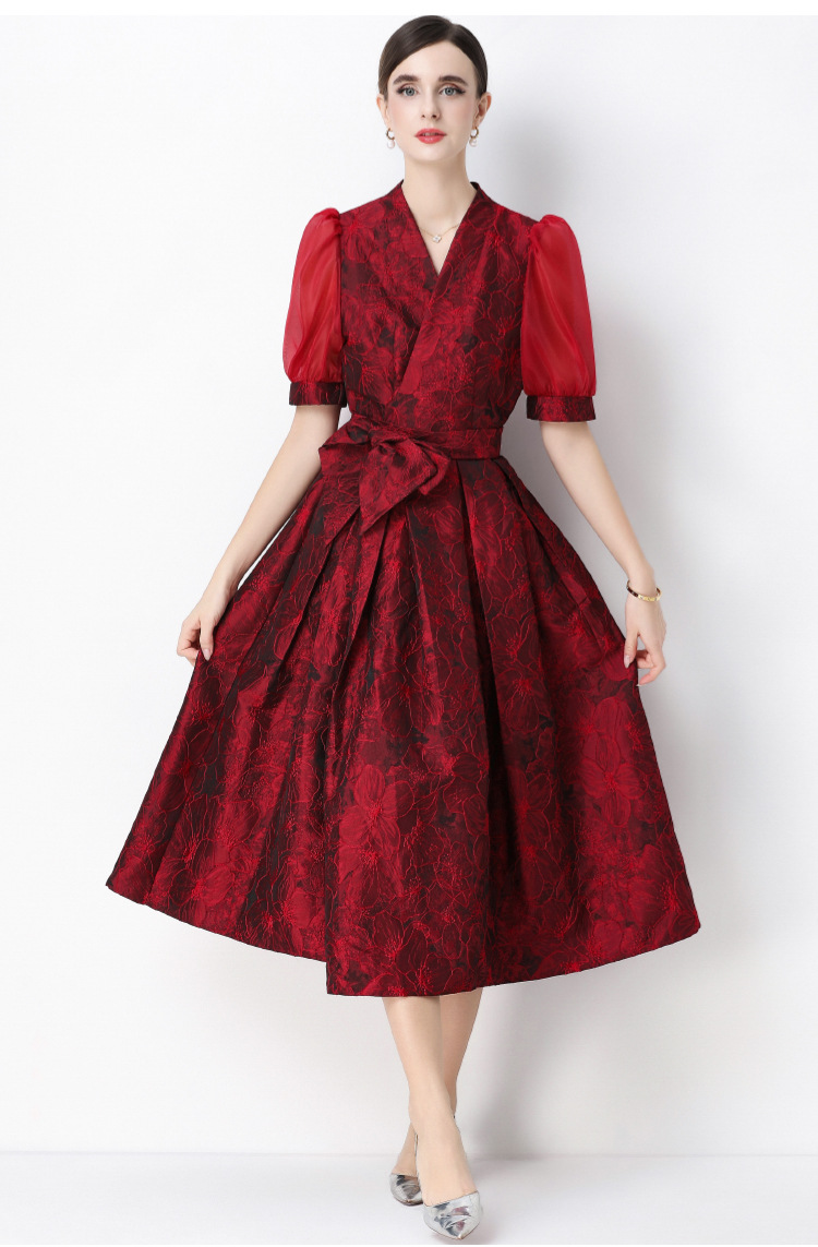 Đầm maxi nữ thắt eo V cổ tay ngắn họa tiết jacquard thanh lịch — màu đen, xanh lam, Màu hồng, màu trắng chi tiết 21