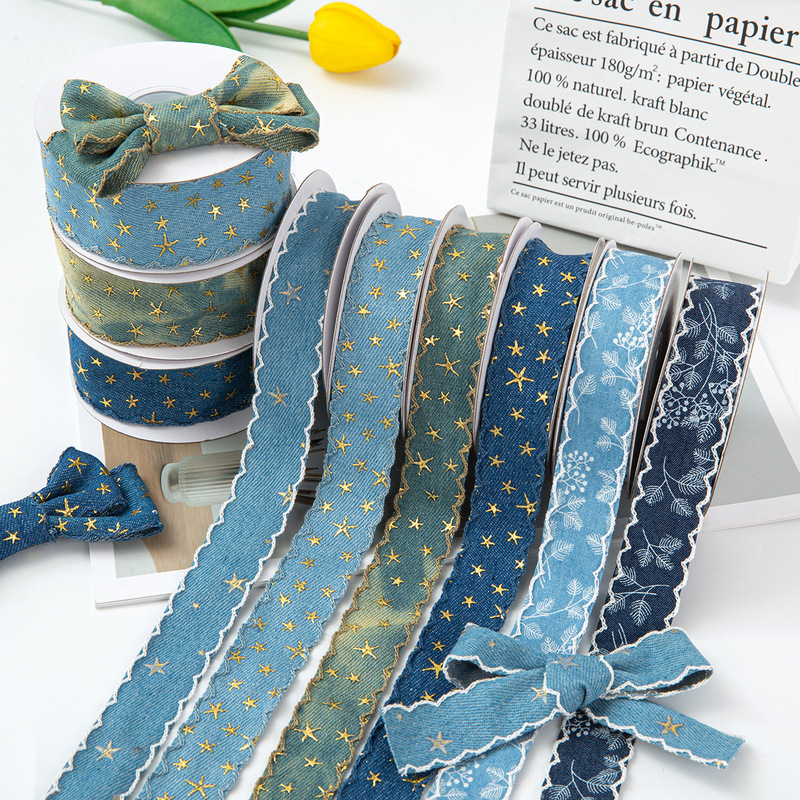 Hot Stamping Star Wave Denim Ribbon Gift Packaging Ribbon DIY Bow Hair Accessories Hair Hoop Accessories Packaging Ribbon