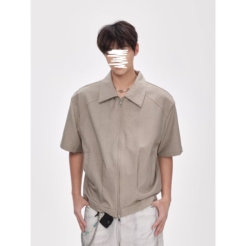 clenafit Double Zipper Short-sleeved Shirt Jacket Men's Summer American Style Trendy Brand Simple Loose Short Shoulder Pad Shirt