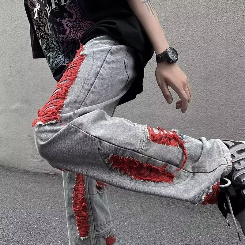 boy Cross-Border Green Ripped Jeans Men's Spring Autumn Trendy Brand European And American High Street Frayed Edge_viptrois.com