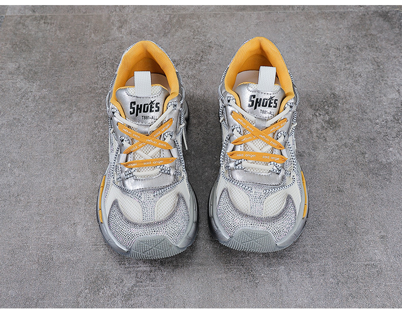 Giày sneaker nữ chunky đế dày, lưới thoáng khí, phối đá đính, phong cách thể thao — màu xám chi tiết 11