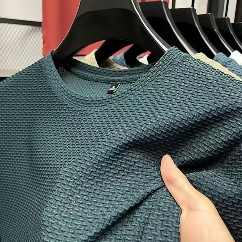 夏の新弾性竹メッシュアイスシルク Tシャツメンズ半袖ラウンドネック半袖メンズボトリングシャツ夏薄いトレンディ|undefined