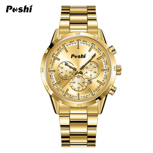 PoshiI cross-border new calendar fake three-eye decoration waterproof luminous men's quartz movement steel band men's watch