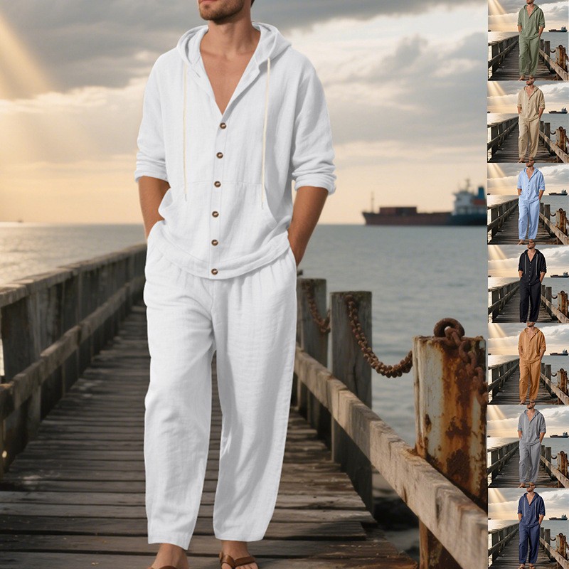 국경 간 아마존 봄, 가을 미국 루즈한 린넨 남성 긴팔 후드 셔츠 루즈한 바지 비치 캐주얼 슈트