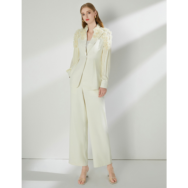 Women's elegant two-piece suit set with wide-leg pants, perfect for spring and autumn 2025. Apricot color.