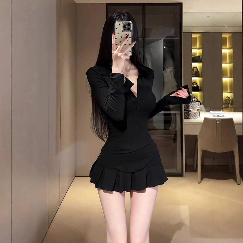 2025新款御姐风高级黑色连衣裙子女早秋季修身包臀裙辣妹短裙套装|undefined