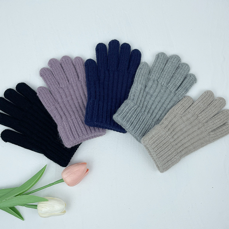 Children's gloves autumn and winter boys and girls cold-proof warm wool knitted student solid color finger Korean style gloves wholesale