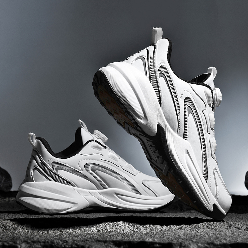 春秋季新款防水皮面運動鞋男旋轉紐扣免繫鞋帶防滑大碼青少年跑步